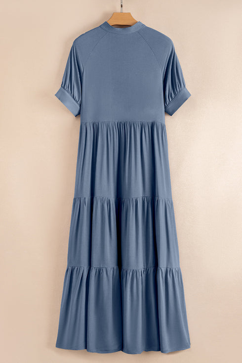 Casual Daydreamer Henley Neck Tiered Ruffle Flowy Long Maxi Dress